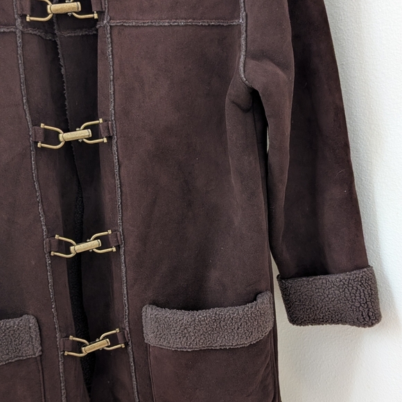 Vintage 70's Suede Shearling Collared Trench Coat In Dark Chocolate Brown - Picture 4 of 8